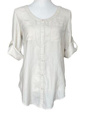 Armani Exchange AX Blouse S Cream Pocket Button-up 3/4 Roll Tab Sleeve Chiffon